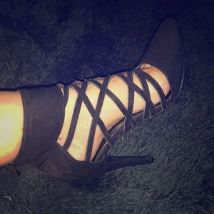 Pointe black caged heels